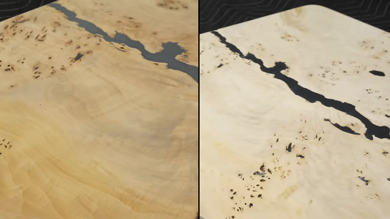 Side-by-side close-ups of darker untreated burl and lighter bleached burl