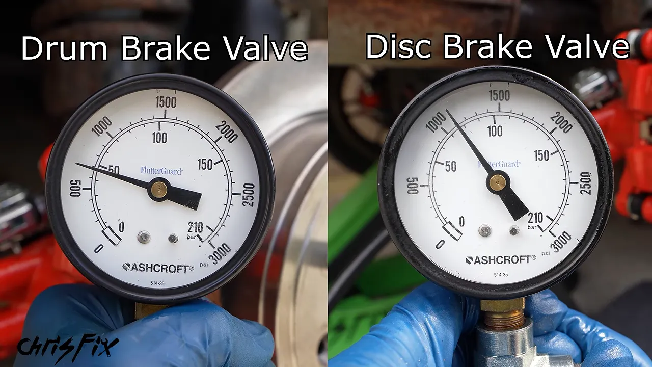 Side-by-side brake pressure gauges labeled Drum Brake Valve and Disc Brake Valve
