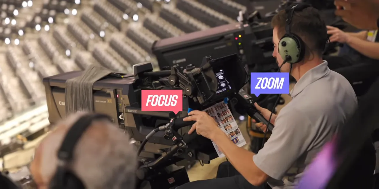 Broadcast camera operator using handles labeled focus on the left and zoom on the right