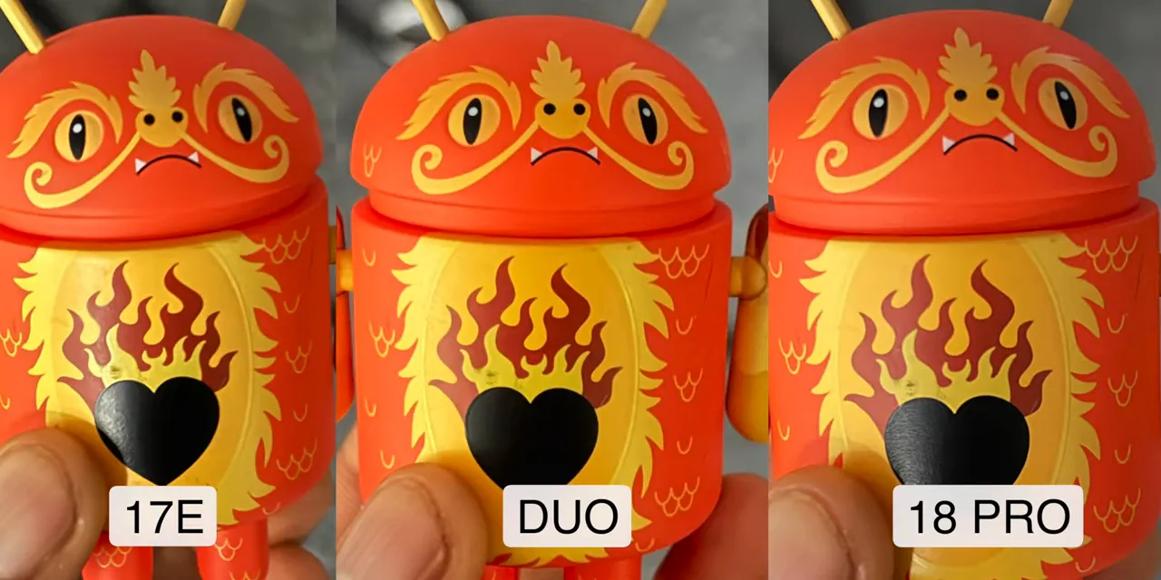 Close-up photo comparison labeled 17E, DUO, and 18 PRO