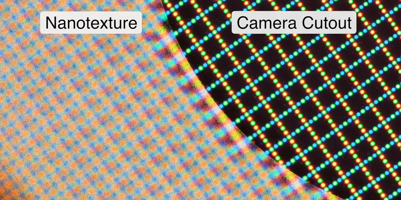 Magnified display surface labeled Nanotexture and Camera Cutout