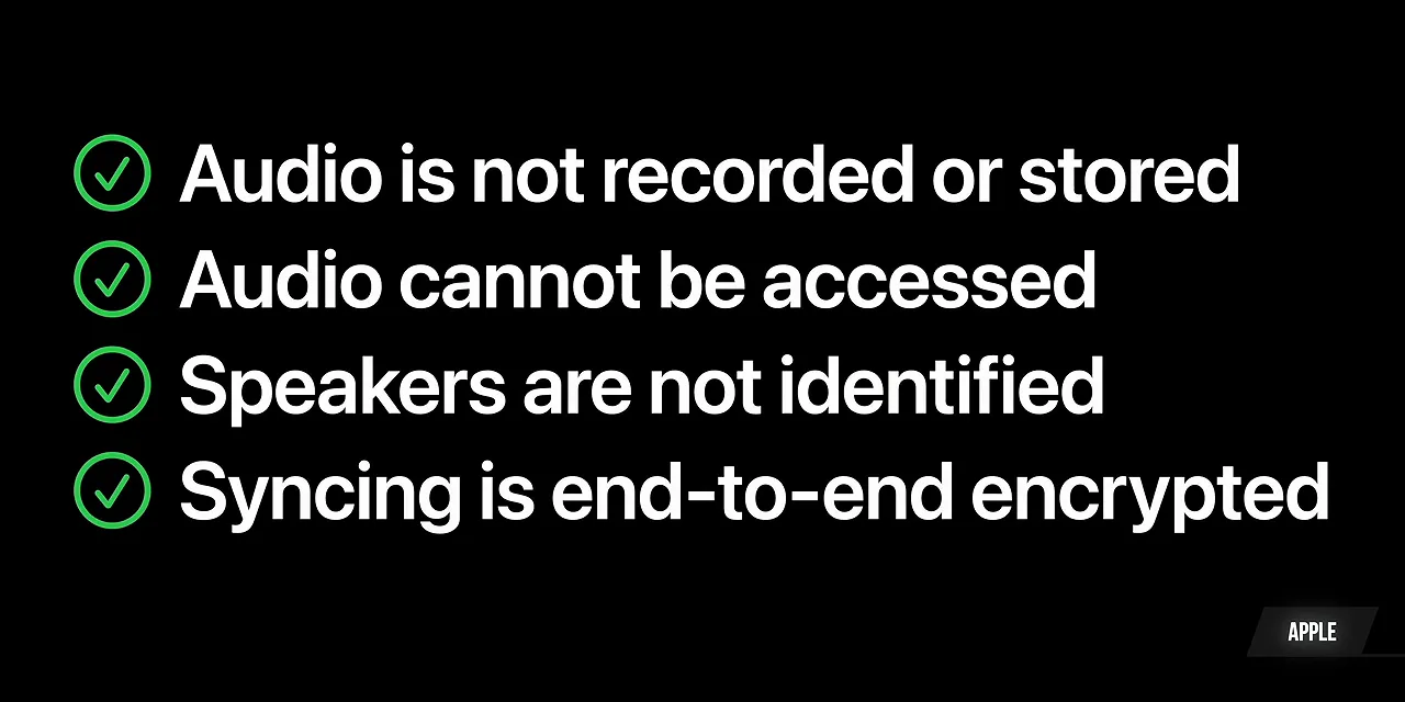 Slide listing audio storage, access, speaker identification, and end-to-end encryption assurances
