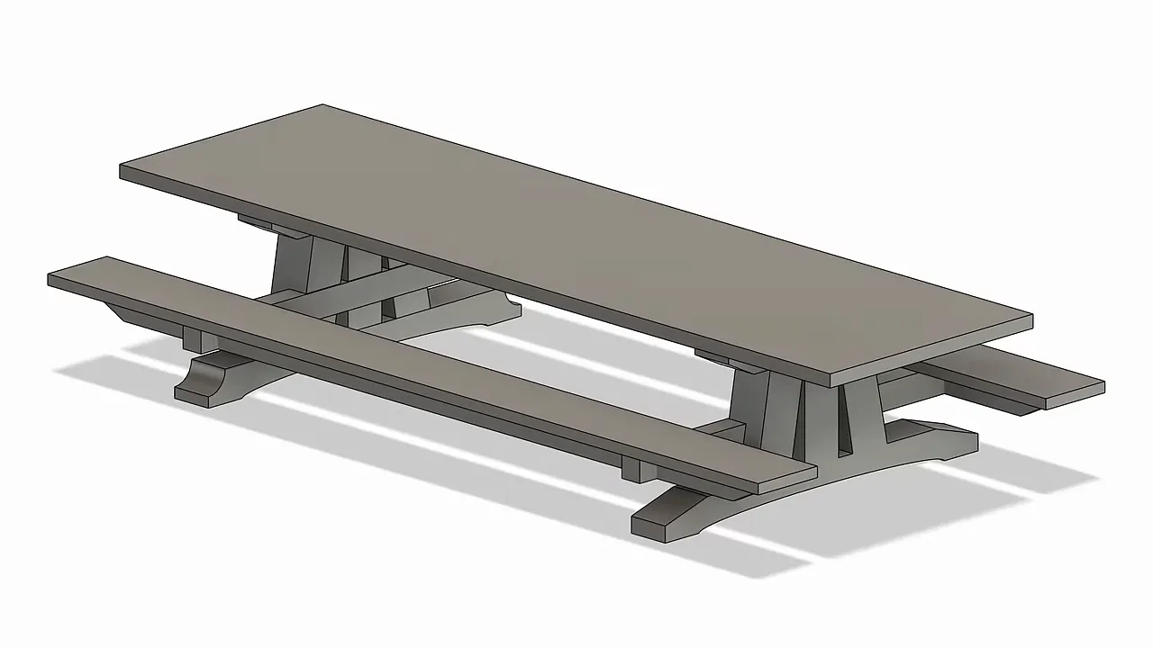 Gray rendering of a long outdoor table with attached benches and timber supports