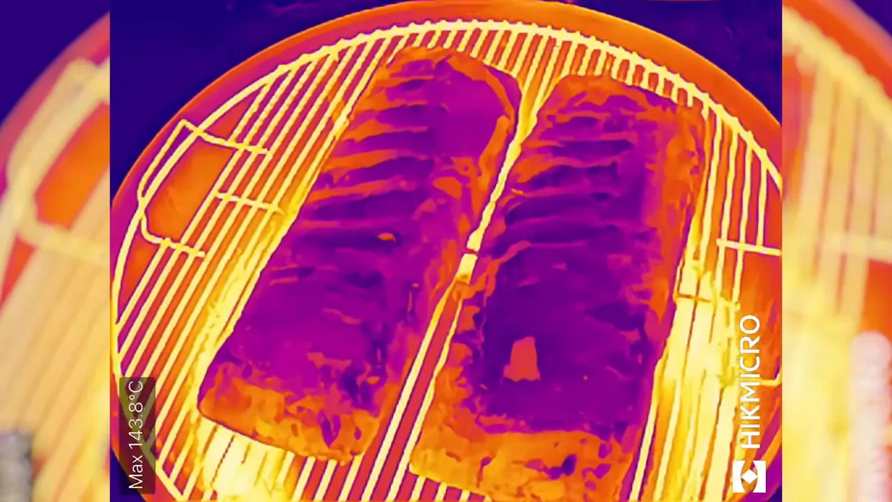 Thermal image of two rib racks on a round grate with bright outer edges