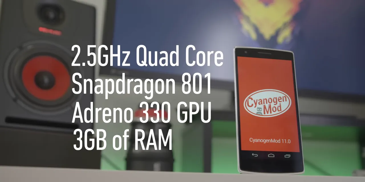 OnePlus One beside text listing a Snapdragon 801, Adreno 330 GPU, and 3GB of RAM