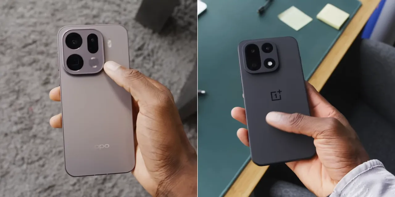 Split-screen comparison of Oppo and OnePlus phones with square rear camera modules
