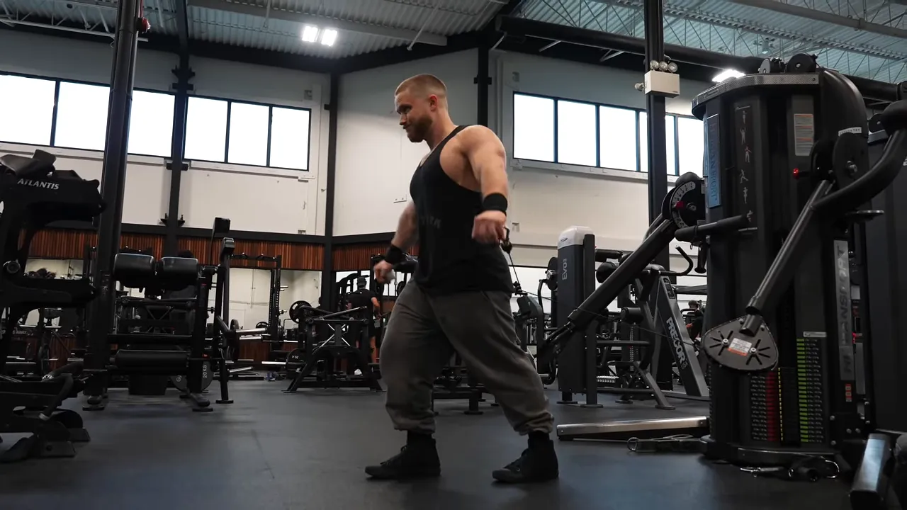 Behind-the-back cuffed lateral raise with both arms lifting outward and crossed cables behind the body
