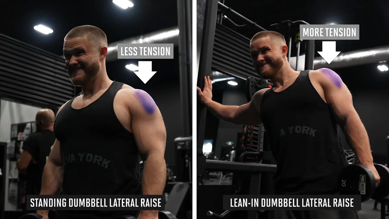 Side-by-side standing and lean-in dumbbell lateral raises with shoulder highlights and tension labels