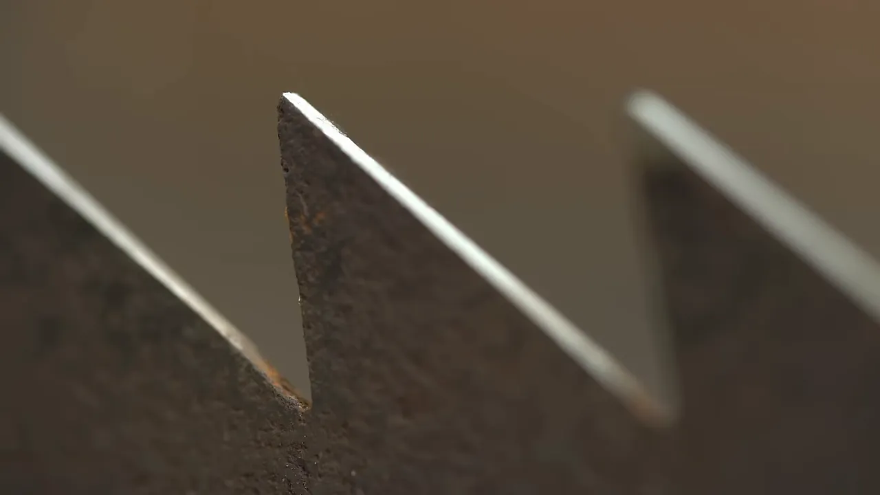 Close-up of a saw tooth with bright freshly filed edges