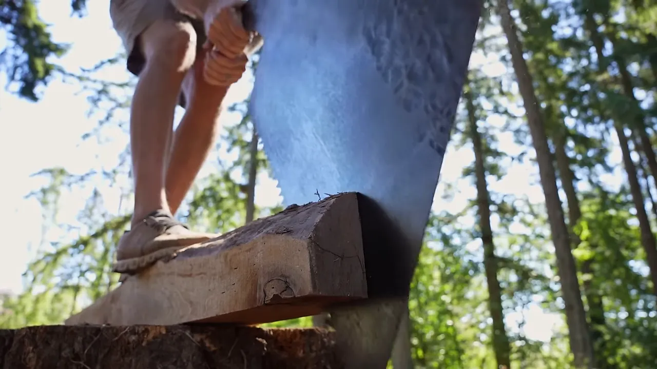 Restored Japanese saw cutting lengthwise into a timber supported on a stump