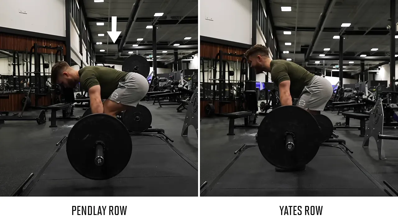 Side-by-side demonstrations labeled Pendlay Row and Yates Row with different torso angles