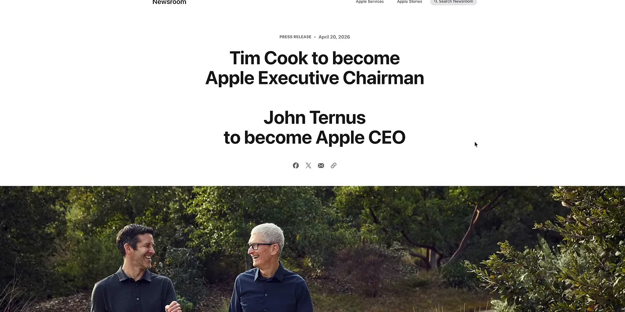 Apple announcement naming Tim Cook executive chairman and John Ternus CEO above a photo of both men