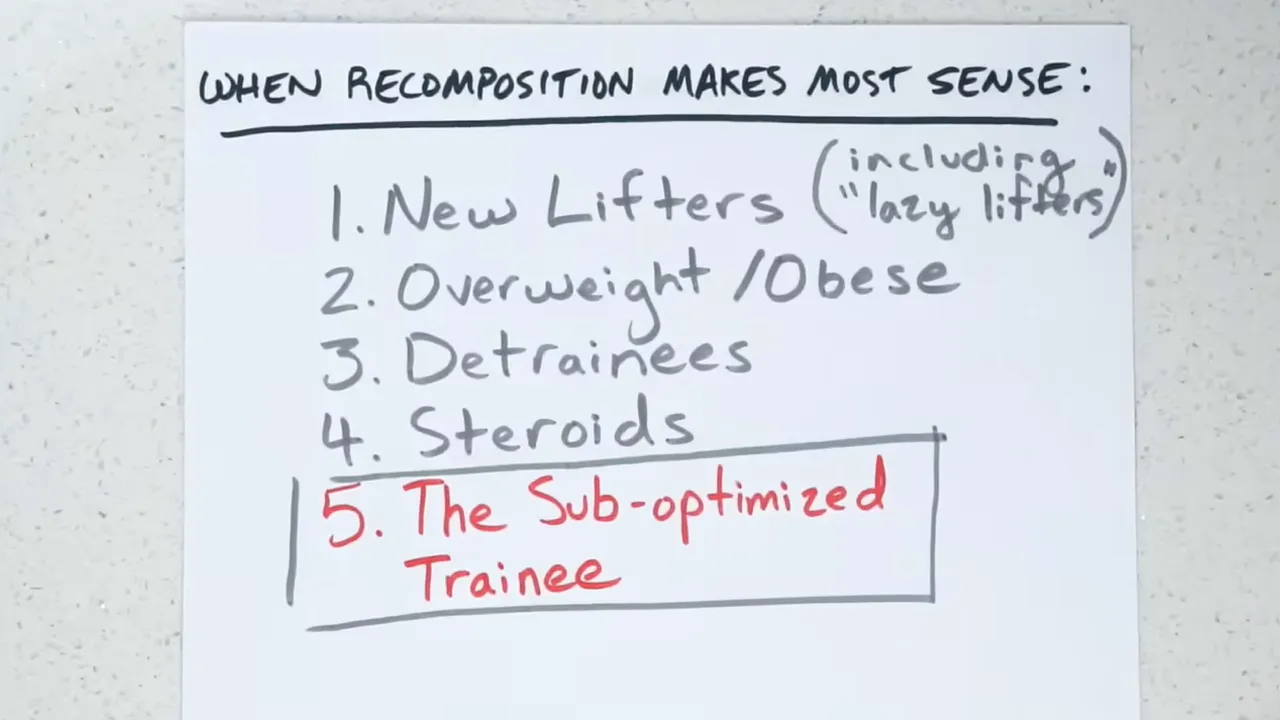 Handwritten list of five groups for whom recomposition makes sense, with the suboptimized trainee highlighted