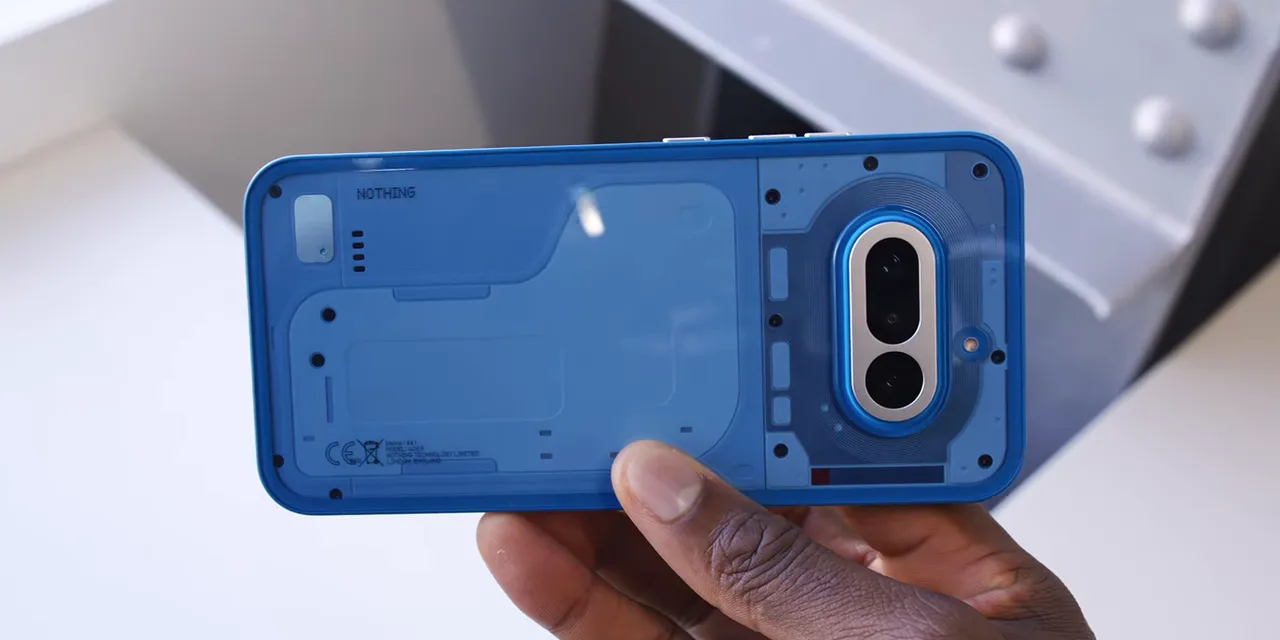 Close-up of the blue Nothing Phone 4A rear camera module and semi-transparent back