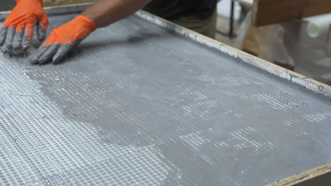 Orange-gloved hands pressing glass-fiber mesh into wet concrete inside the tabletop form