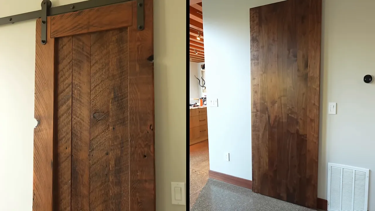 Side-by-side comparison of a rustic barn door with exposed black hardware and a flat walnut door without visible hardware