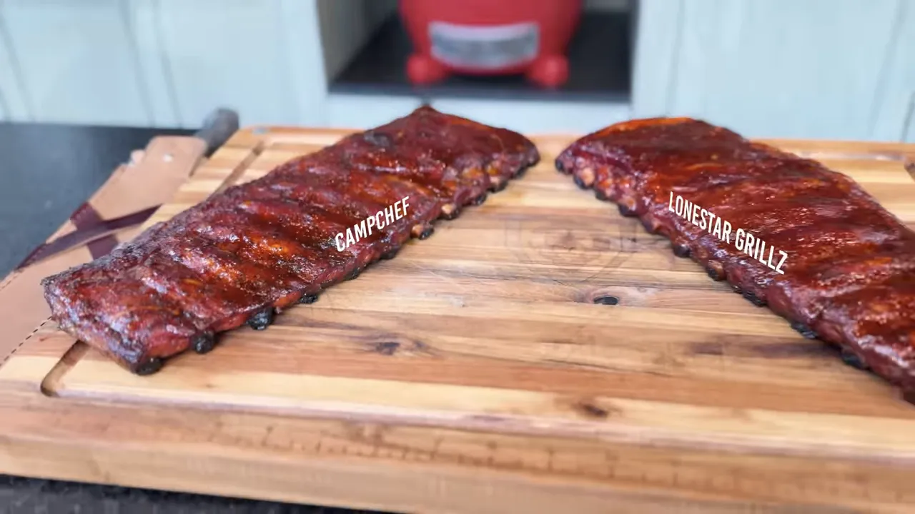 Two glazed rib racks on a cutting board labeled Campchef and Lonestar Grillz