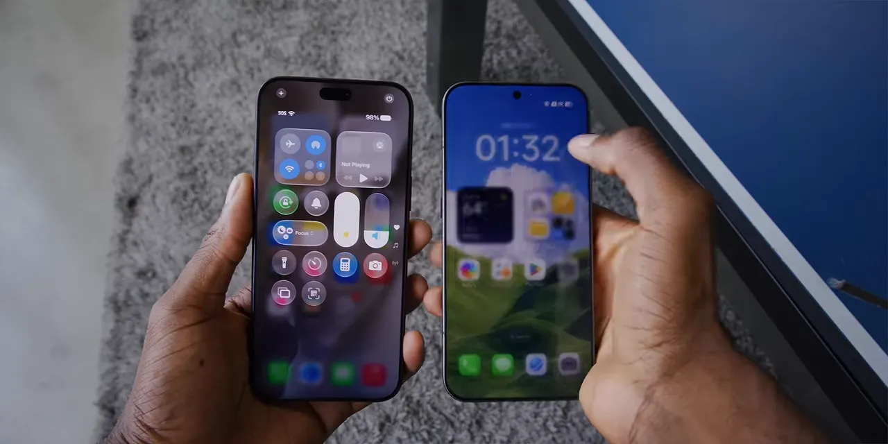 iPhone and Xiaomi phone held side by side with their quick-control panels open