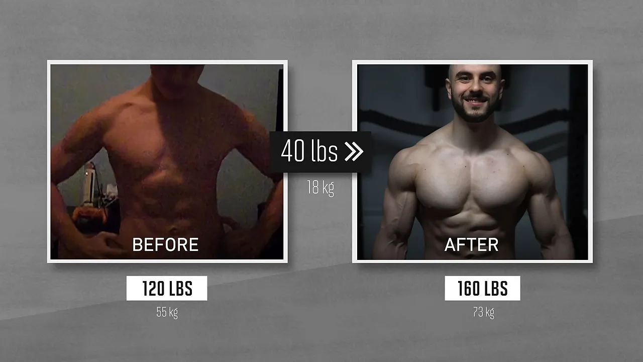 Before and after photos of Alex Leonidas labeled 120 pounds and 160 pounds