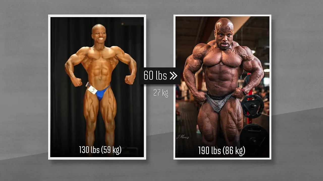 Side-by-side photos of Shaun Clarida labeled 130 pounds and 190 pounds with a 60-pound difference