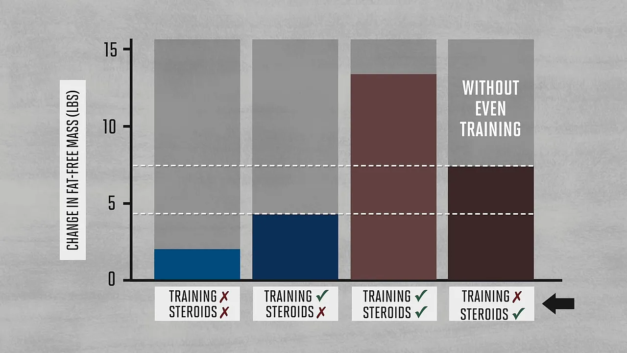 Bar chart comparing fat-free mass changes across four training and steroid conditions