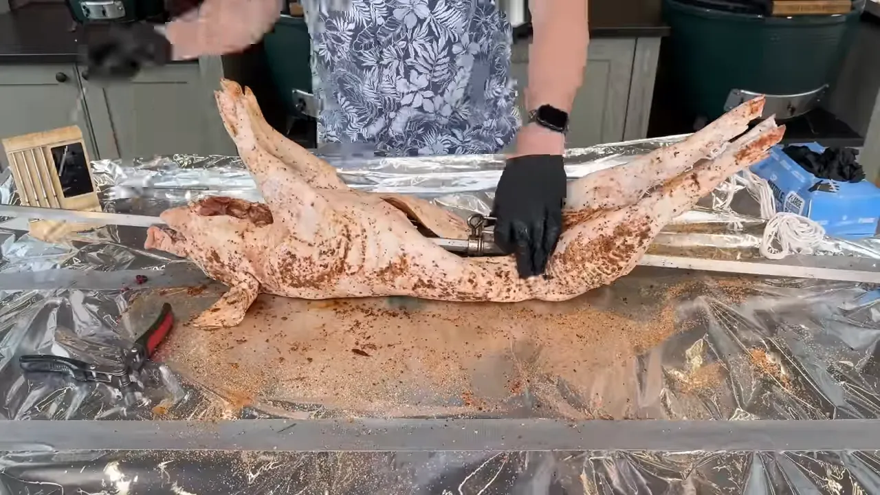 Seasoned pig on a rotisserie spit with forks positioned inside the open cavity