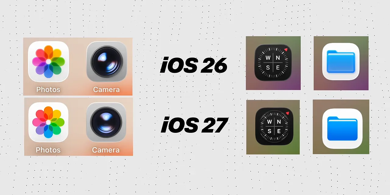 Photos, Camera, Clock, and Files icons compared between iOS 26 and iOS 27
