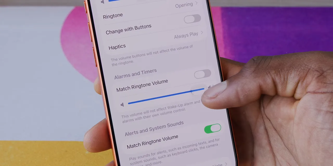 An iPhone sound settings page showing an alarm volume slider
