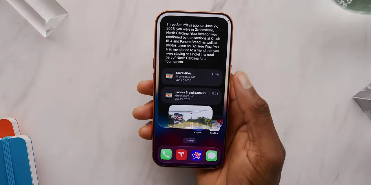 An expanded Siri answer with supporting cards and a photo beneath the response