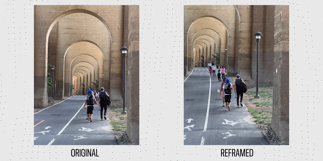 Original and reframed photos of an arched walkway displayed side by side