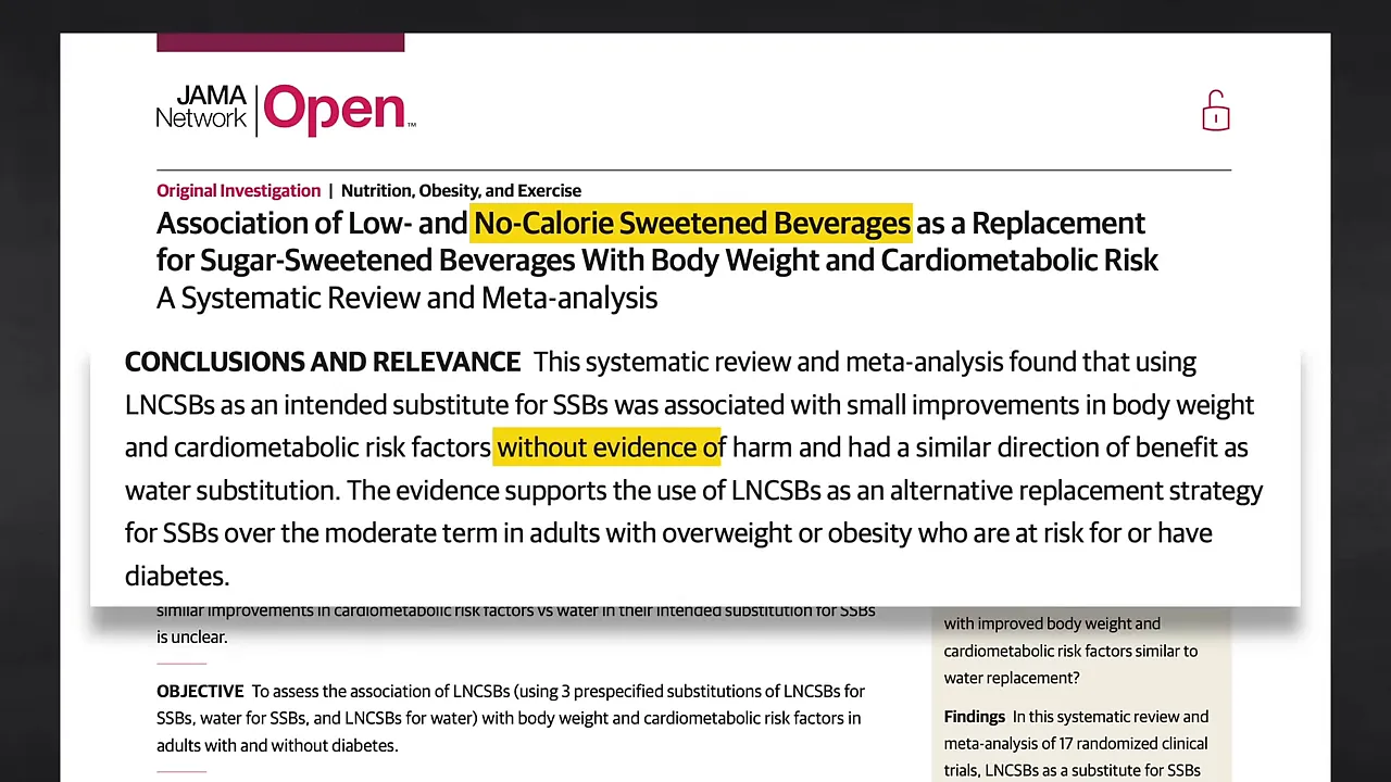 JAMA Network Open review with highlighted conclusions about replacing sugary drinks with low- and no-calorie beverages