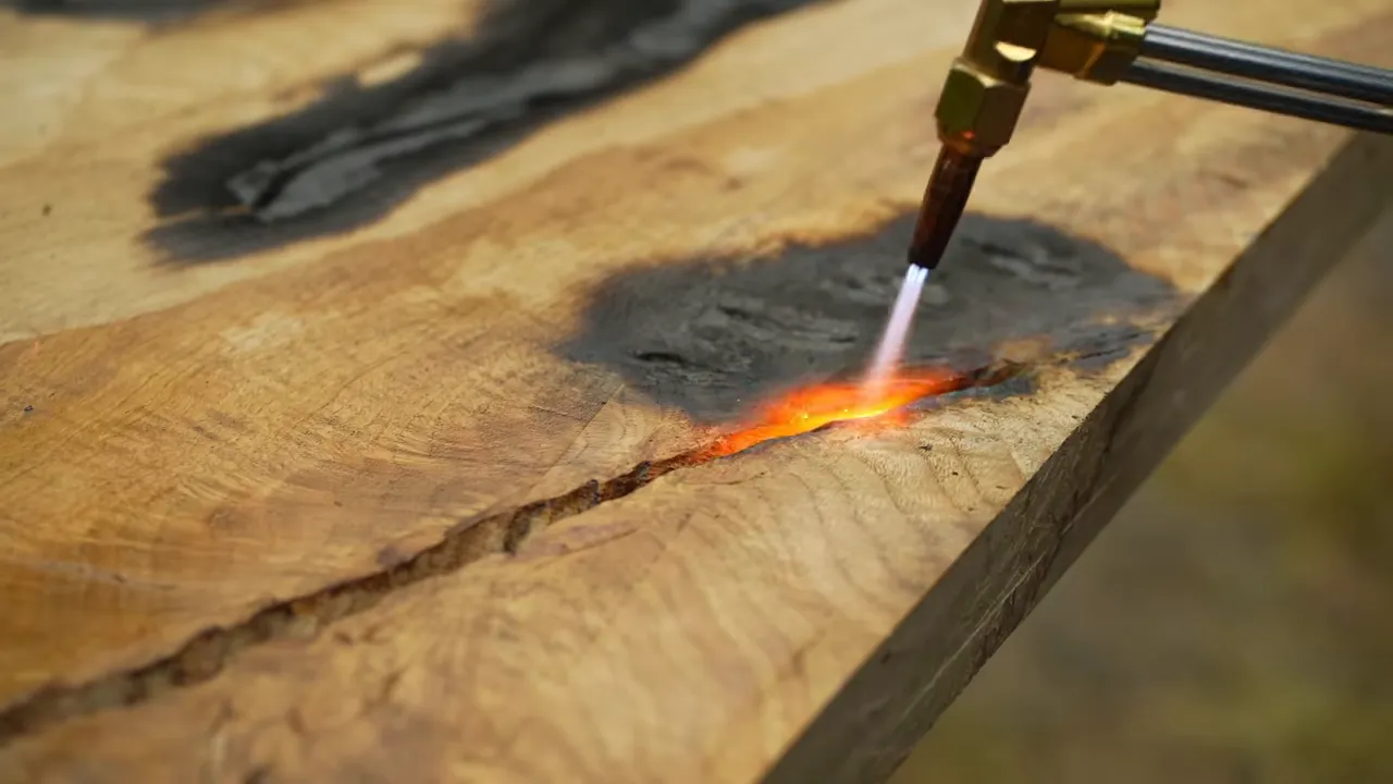 An oxy-acetylene torch burning a narrow crack in the oak slab