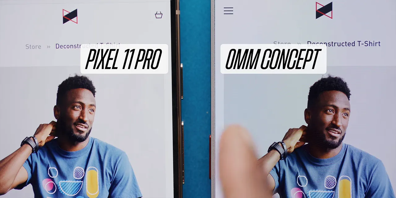Side-by-side close-up labeled Pixel 11 Pro and 0mm Concept showing their screen borders