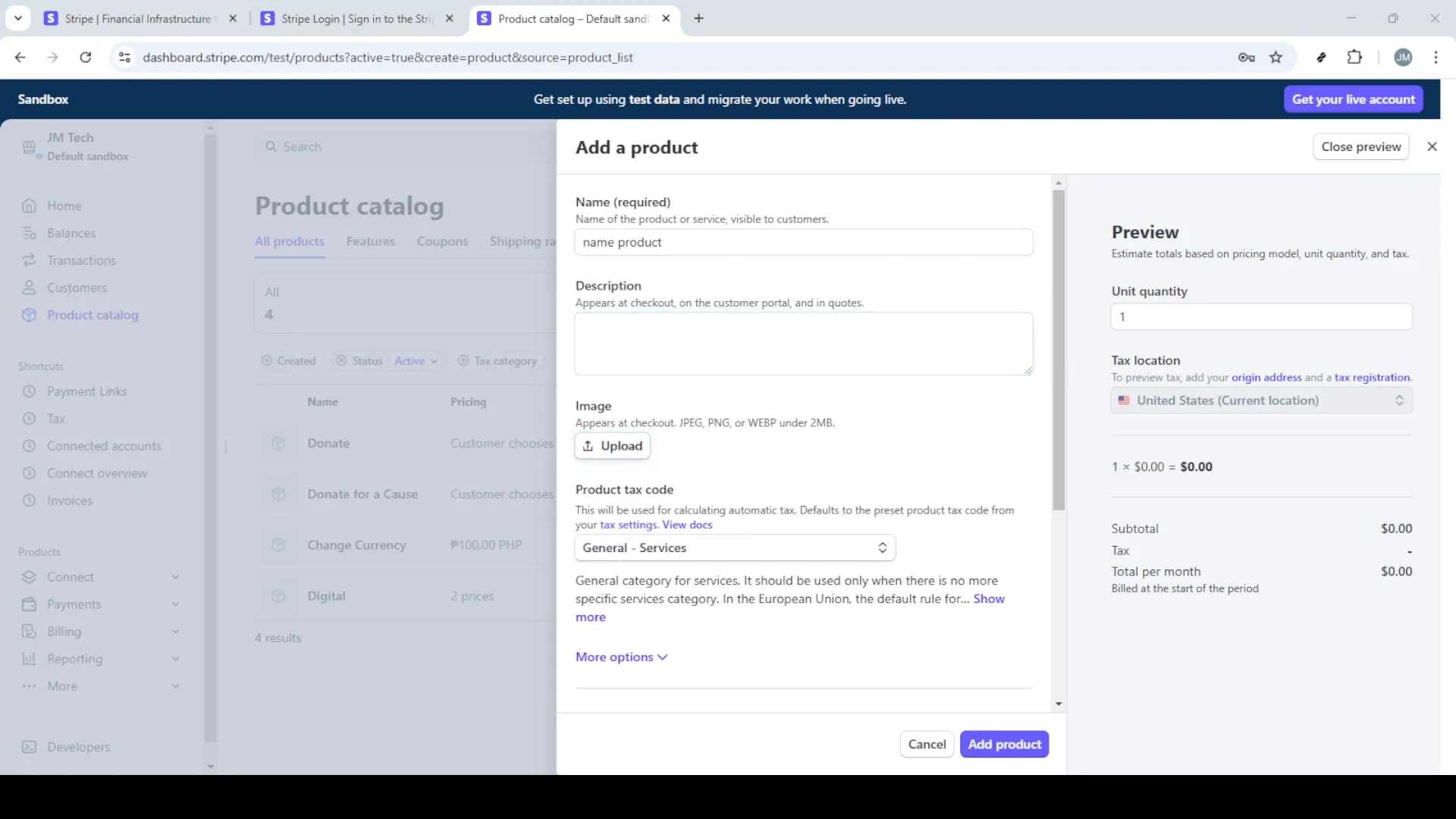Stripe 'Add a product' modal showing name, description, image upload button, product tax code and checkout preview on the right.