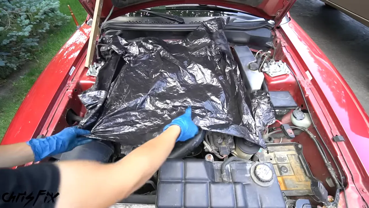 Black plastic garbage bag spread over the center of a Mustang engine bay