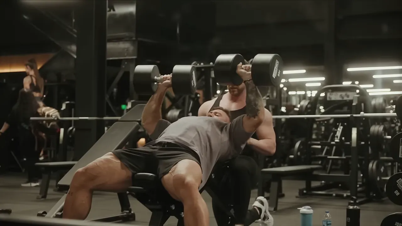 Chris Bumstead at the bottom of an incline dumbbell press