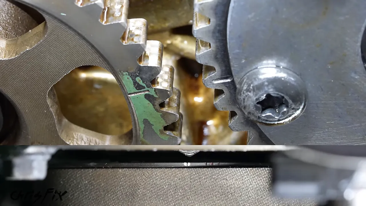 Close-up of aligned timing lines between the exhaust sprocket and new VTC actuator
