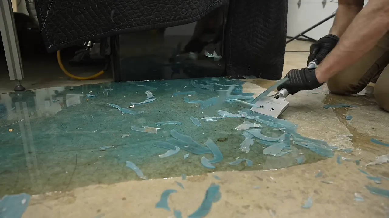 A floor scraper lifting blue-green cured epoxy from the concrete shop floor