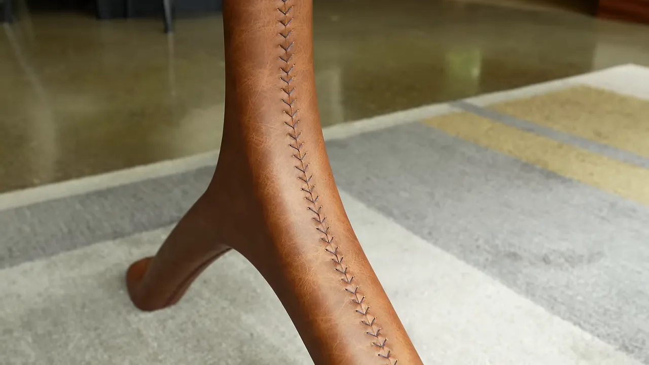 Close-up of brown leather wrapped around a curved desk leg with a straight stitched seam