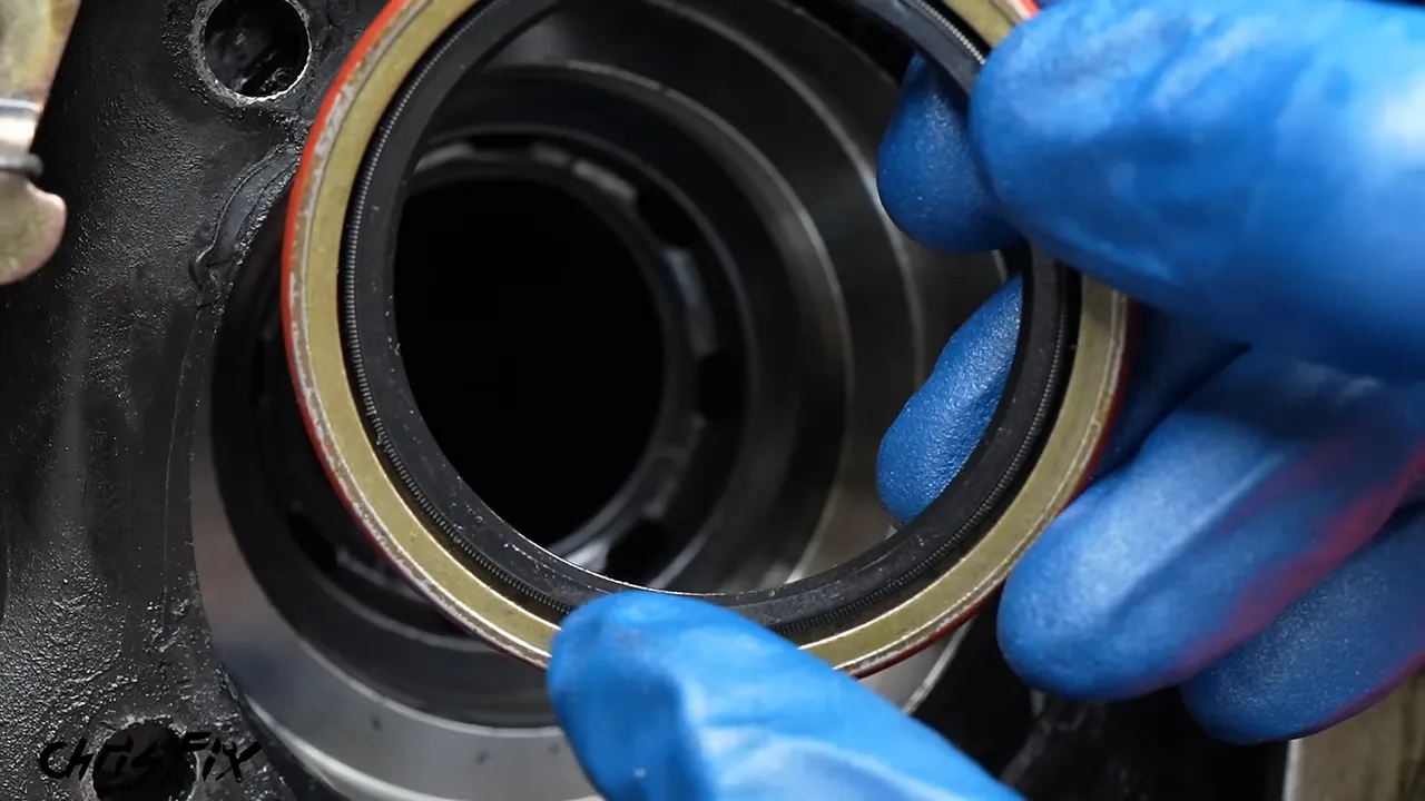 Close-up of the open side of a new axle seal with its circular spring visible