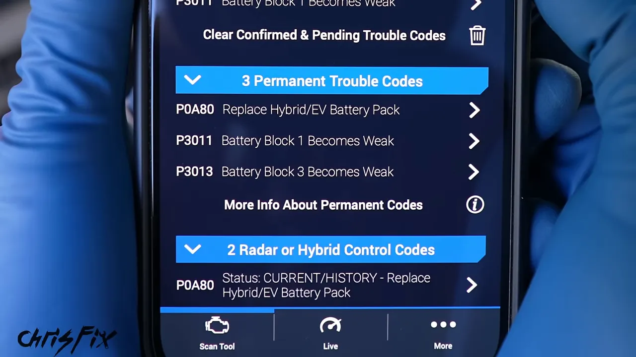 Phone displaying hybrid battery fault codes including P0A80, P3011, and P3013