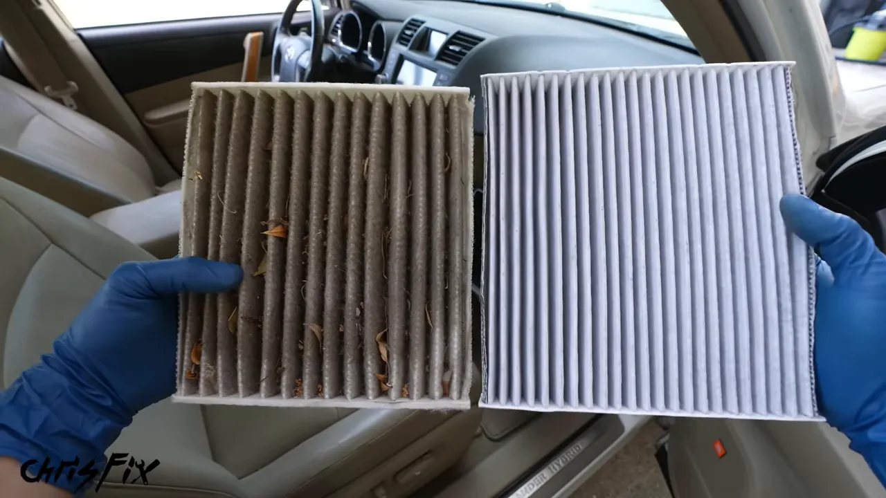 Dirty cabin air filter beside a clean white replacement filter