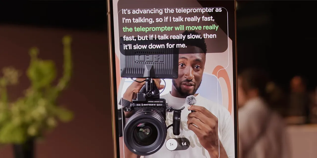 Phone camera preview with a block of teleprompter text above the person being recorded