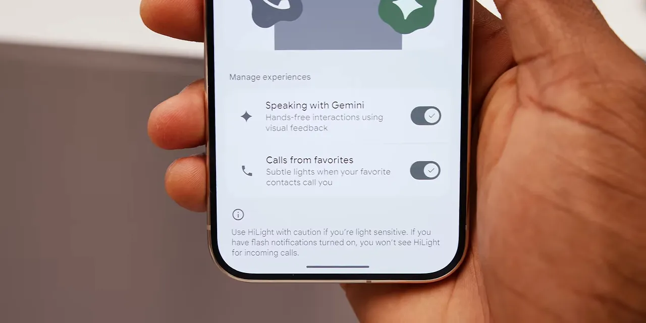 Phone held upright showing Highlight settings for Speaking with Gemini and Calls from favorites