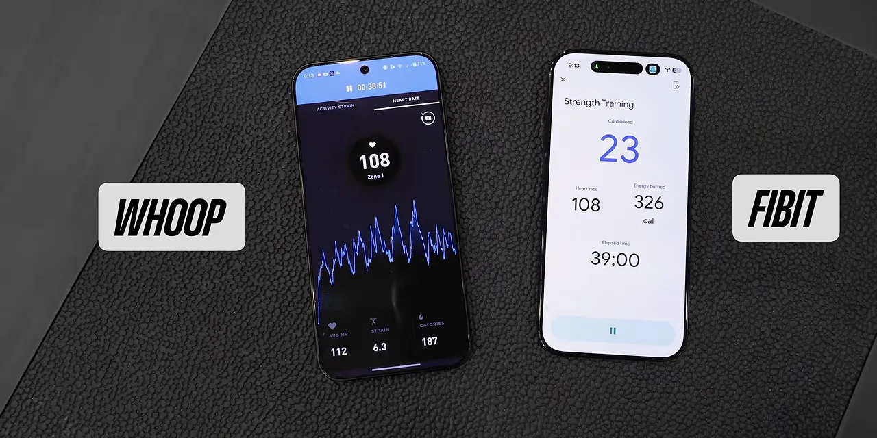 Whoop and Fitbit live workout screens side by side, with a heart-rate graph on the Whoop screen
