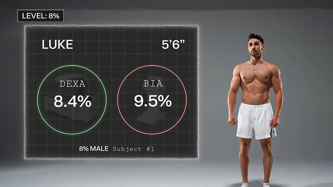 Luke beside a results panel showing 8.4% DEXA and 9.5% BIA