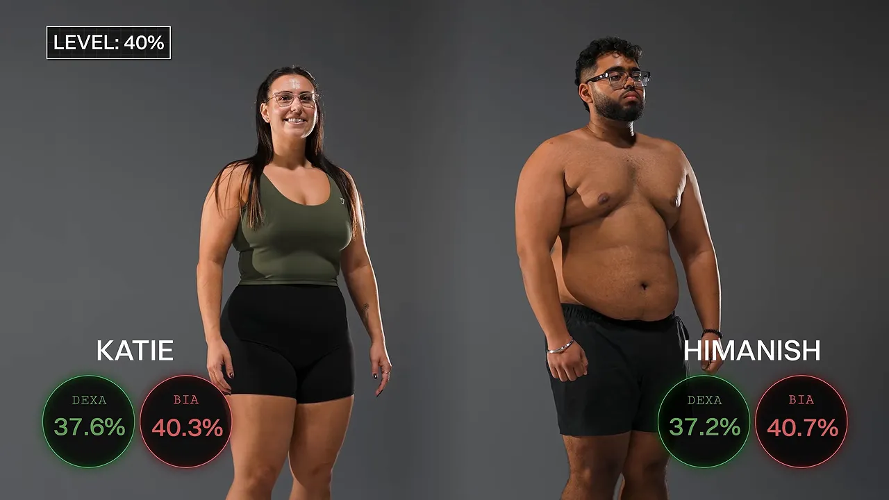 Katie and Himanish shown side by side with DEXA and BIA result labels