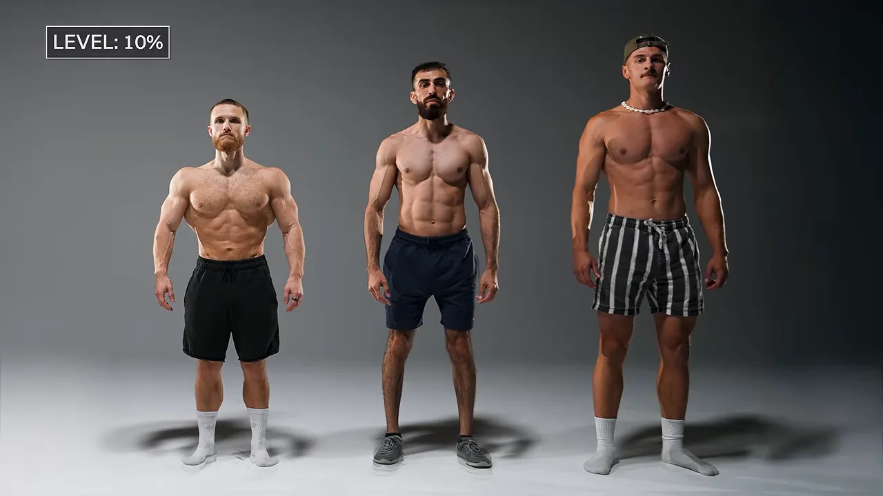 Three male participants standing side by side in the approximately 10% body fat group