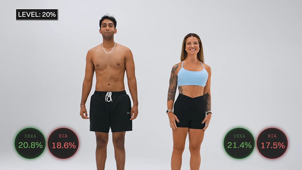 Male and female participants standing side by side with body composition result labels
