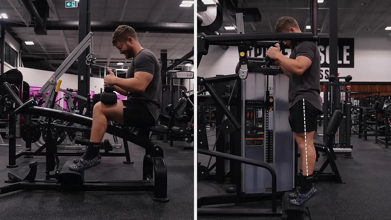 Split-screen comparison of seated and standing calf raises with knee-position markers